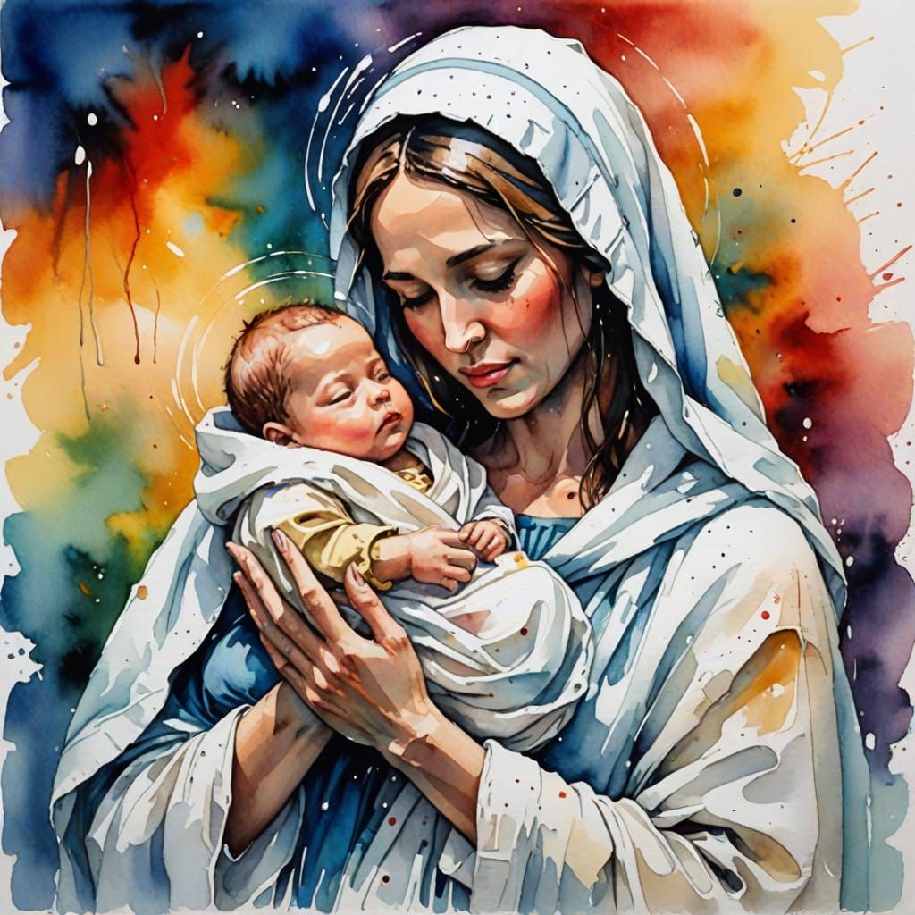 Mary and Baby Jesus in Vibrant Drip Art Portrait