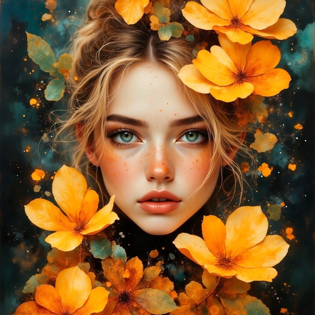 Ethereal Goddess in Fiery Flames and Blooming Shrub