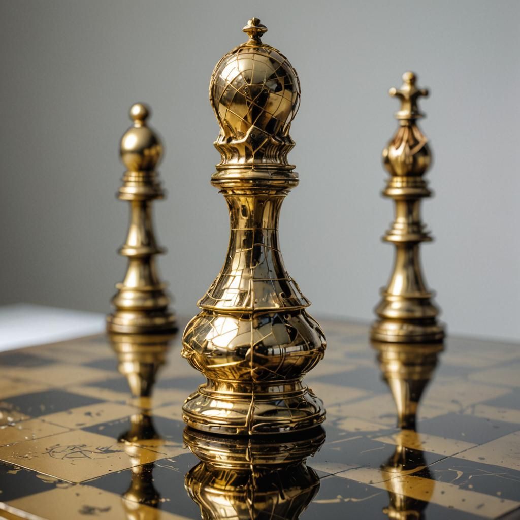 Golden Pawn on Chessboard in Mixed Media Style