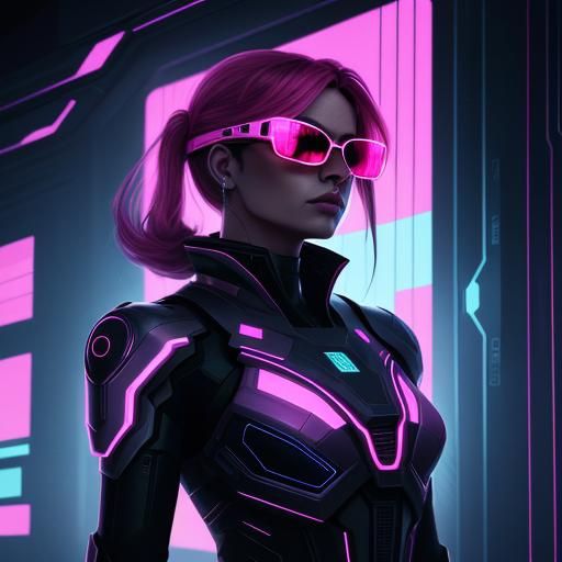 Cyberpunk Woman's Reflection in Neon Digital Art