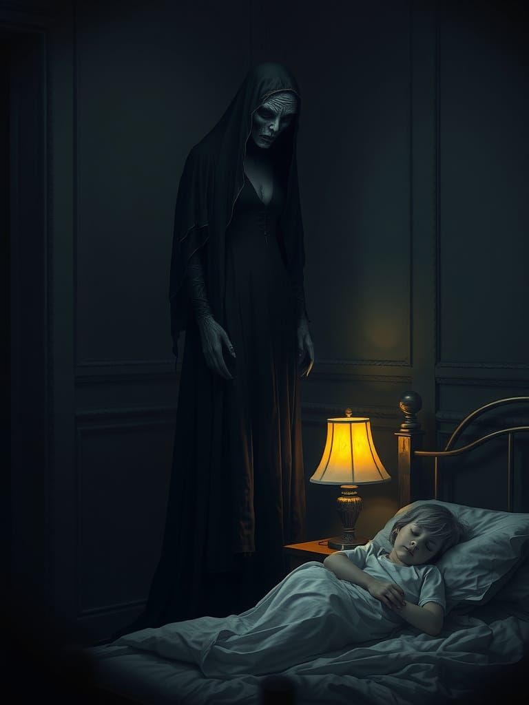 Ominous Ghost Looms in Dark Room, Gothic Style