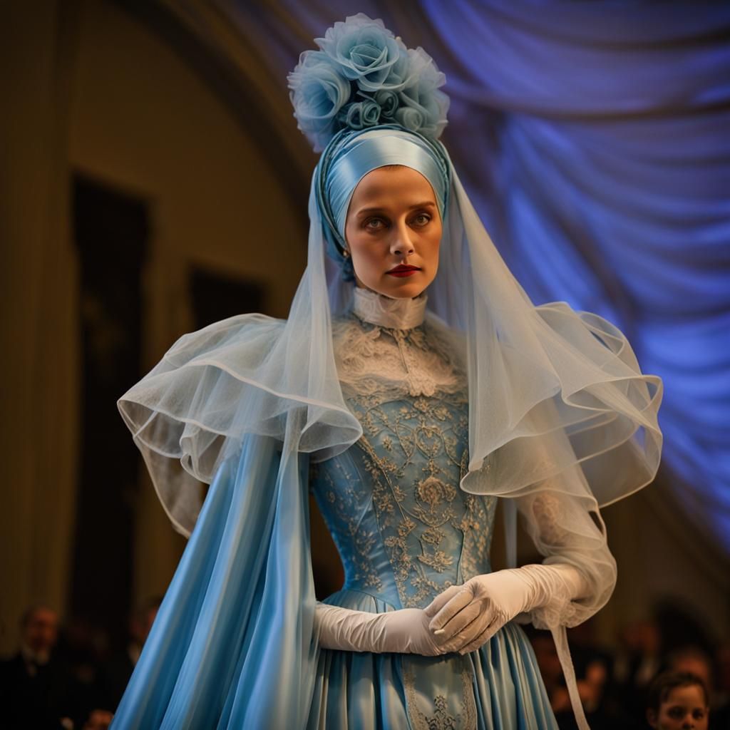 Sky Blue Victorian Mourning Gown with Veil