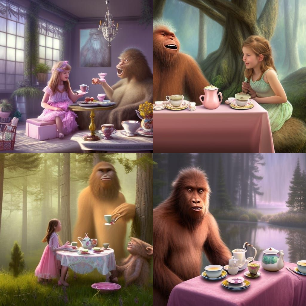 Sasquatch Tea Party: Hyperrealistic Fantasy Concept Art