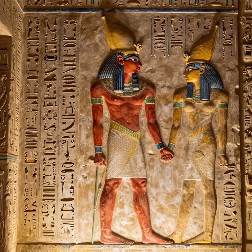 Pharaonic King and Queen Relief with Hieroglyphs