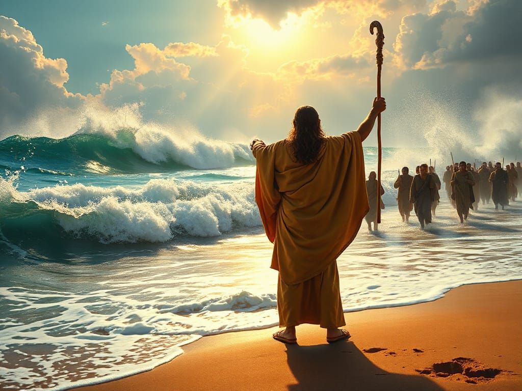 Majestic Moses Parting the Red Sea in Dramatic Light