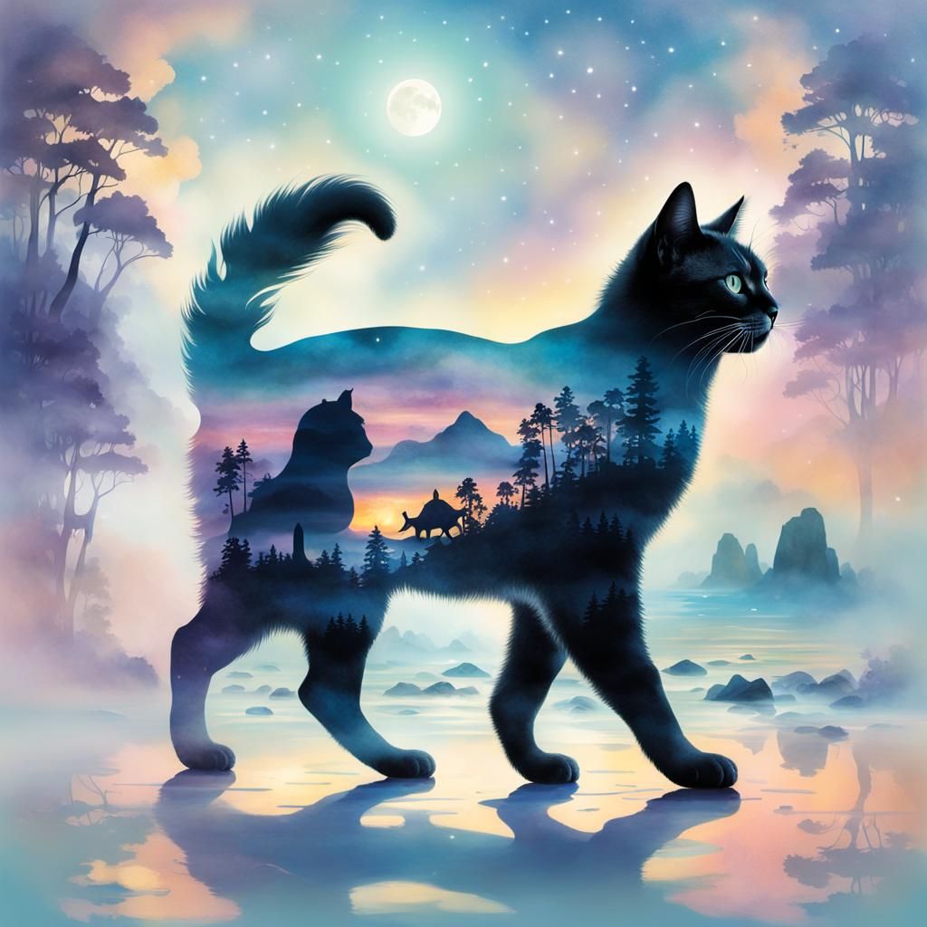 Cat Silhouette Double Exposure: Moonlit Beach Scene