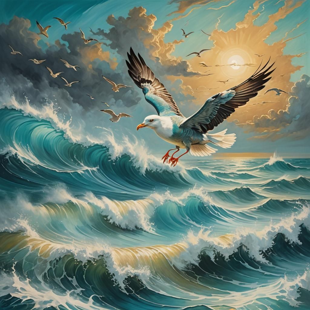 Mouse Rides Seagull in Surrealist Fantasy Art