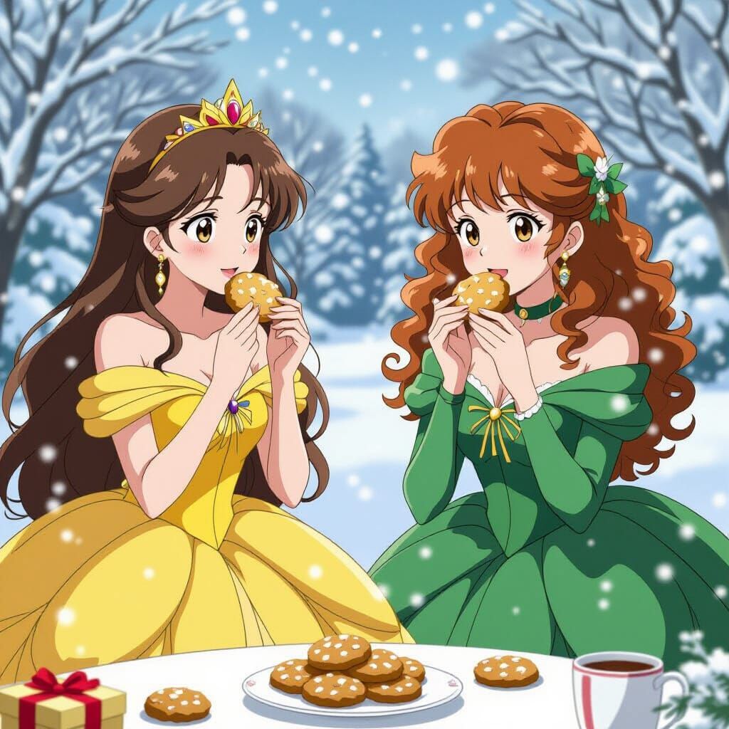 Two Princesses Enjoying Christmas Cookies in Snowy Studio Gh...