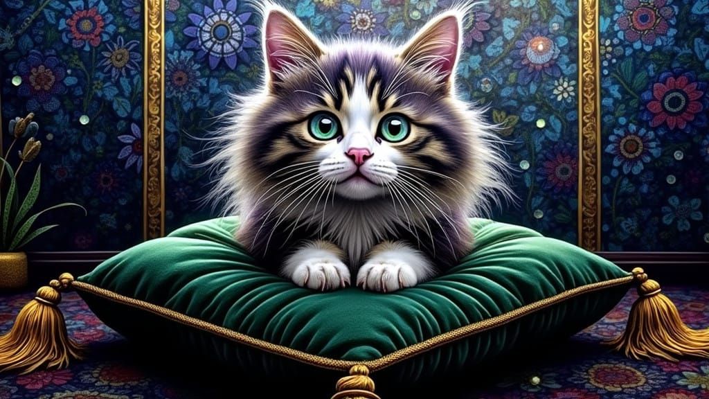 Regal, Whimsical Feline in a Kaleidoscopic, Art Nouveau-Insp...