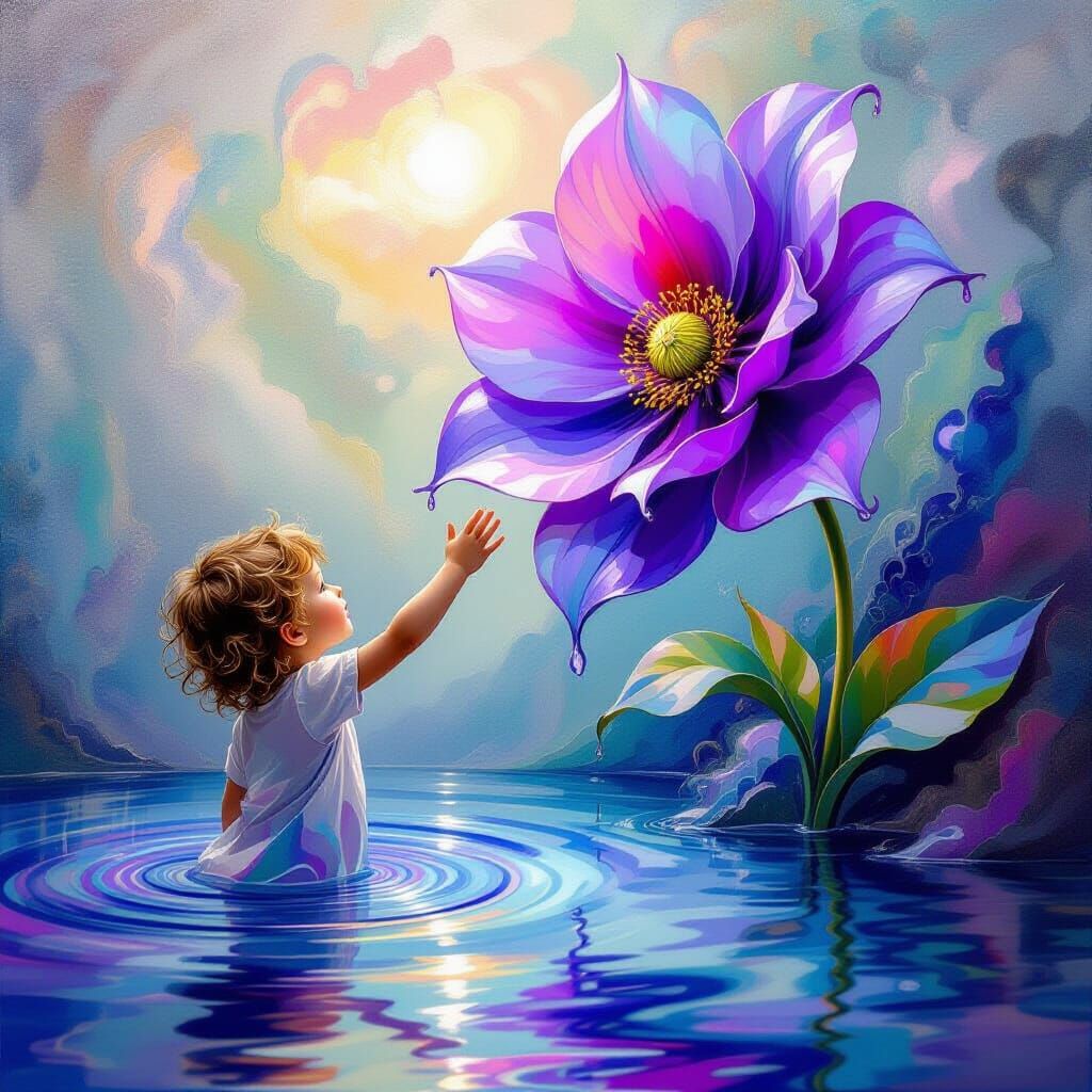Surreal Child Reaching for Liquid Violet Flower in Ethereal ...