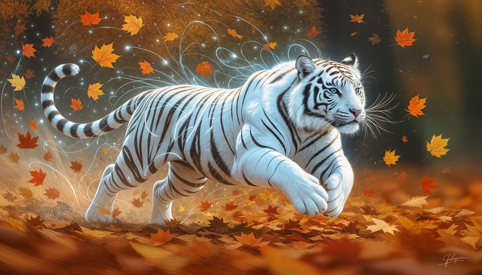 Bioluminescent Tiger Running in Autumn Whirlwind