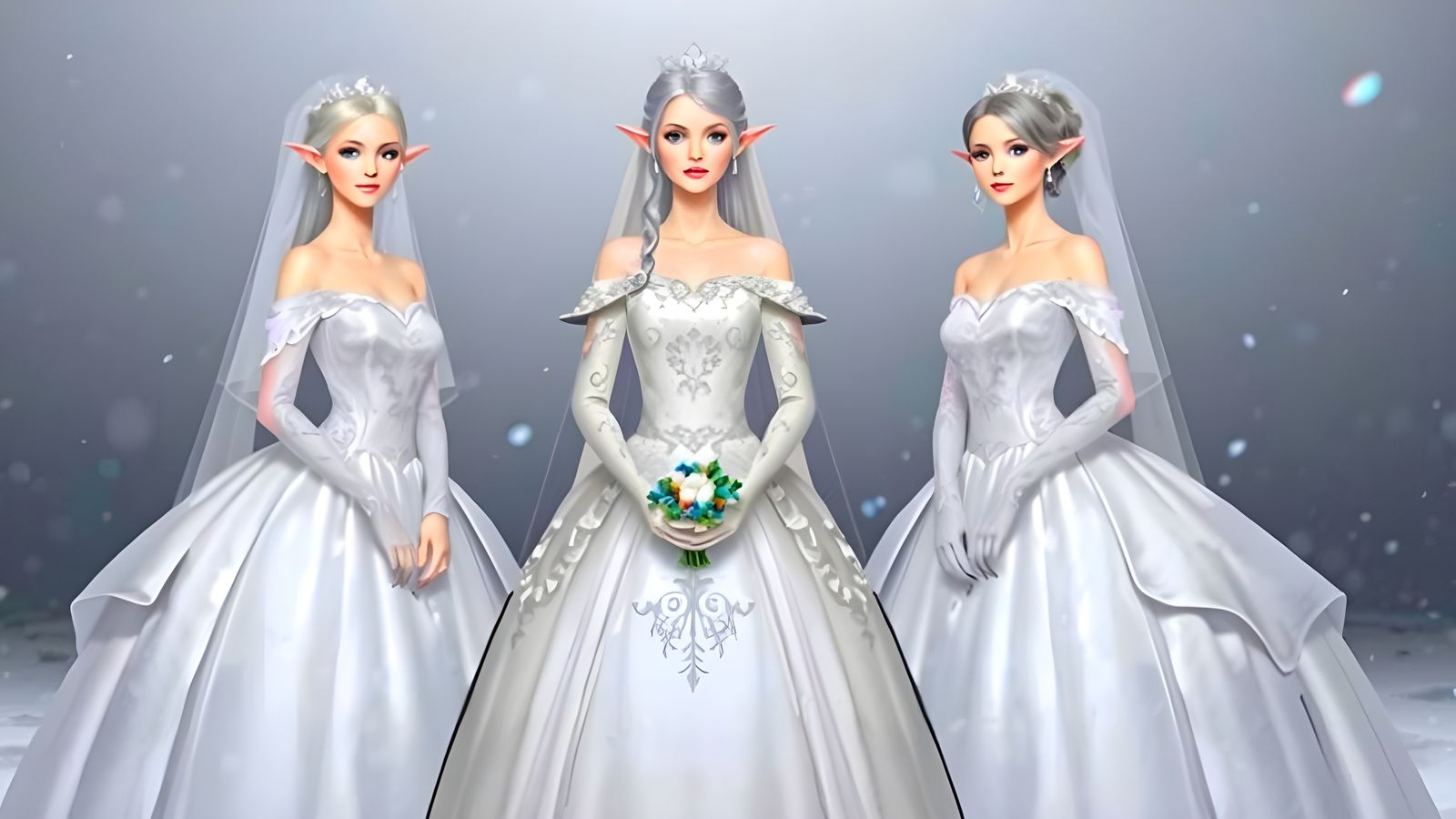 Elves in Winter Wedding Gowns Against a White and Silver Bac...
