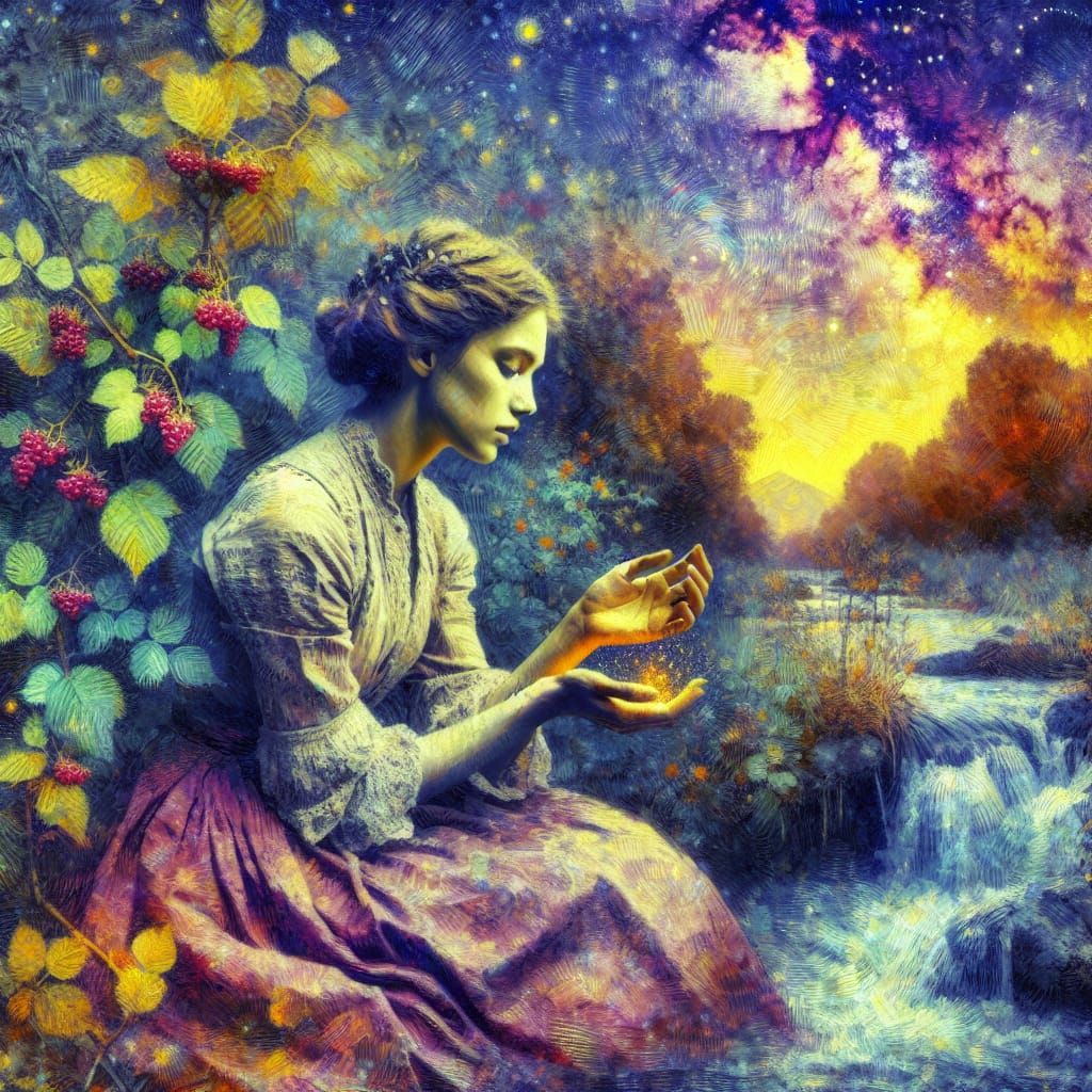 Ethereal Woman in River, Surreal Impressionist Oil Painting