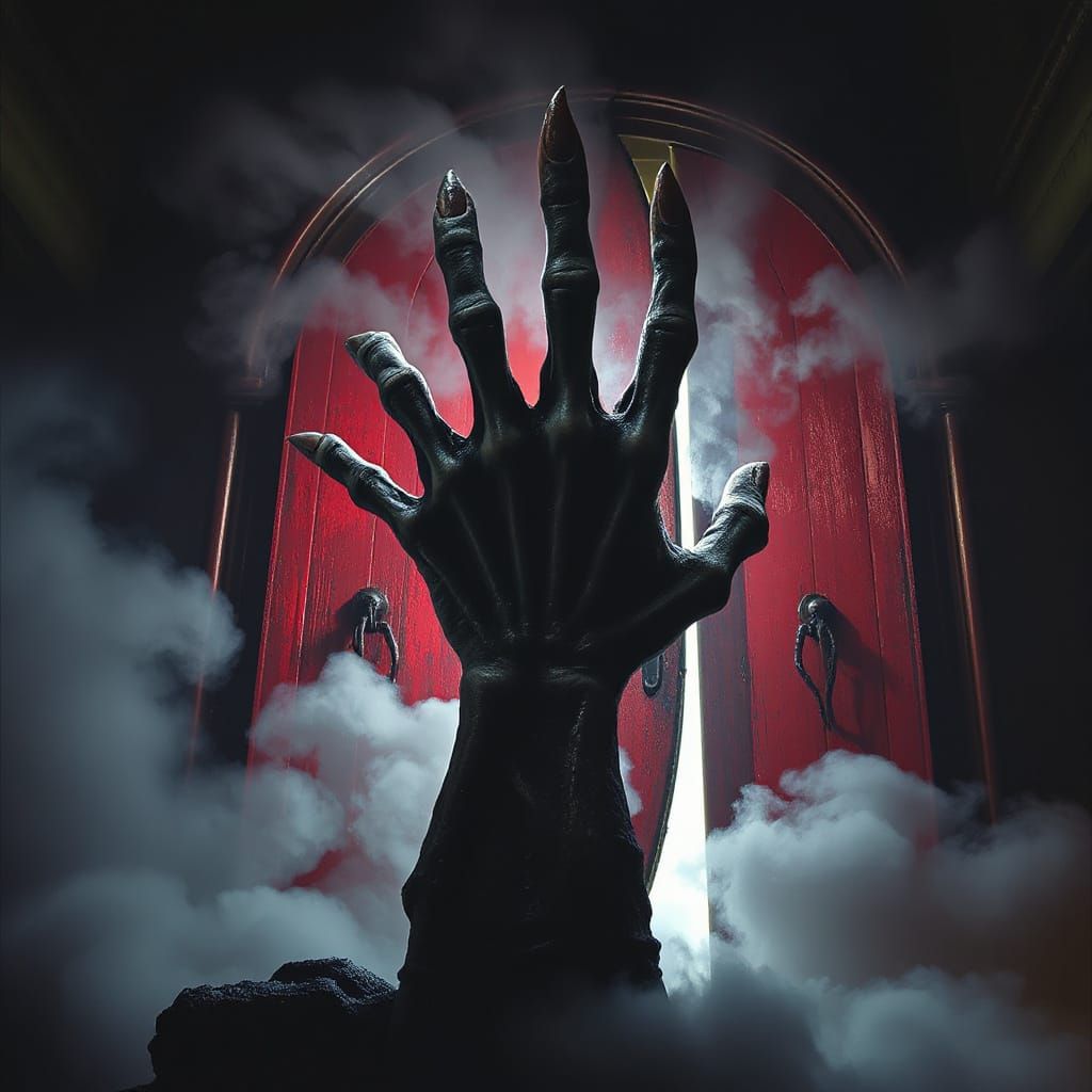 Eerie Undead Hand Reaching From Blood-Red Door