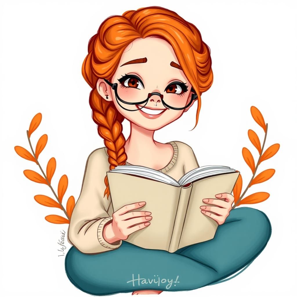 Ginger Woman Reading, Gouache Illustration with Cartoon Styl...