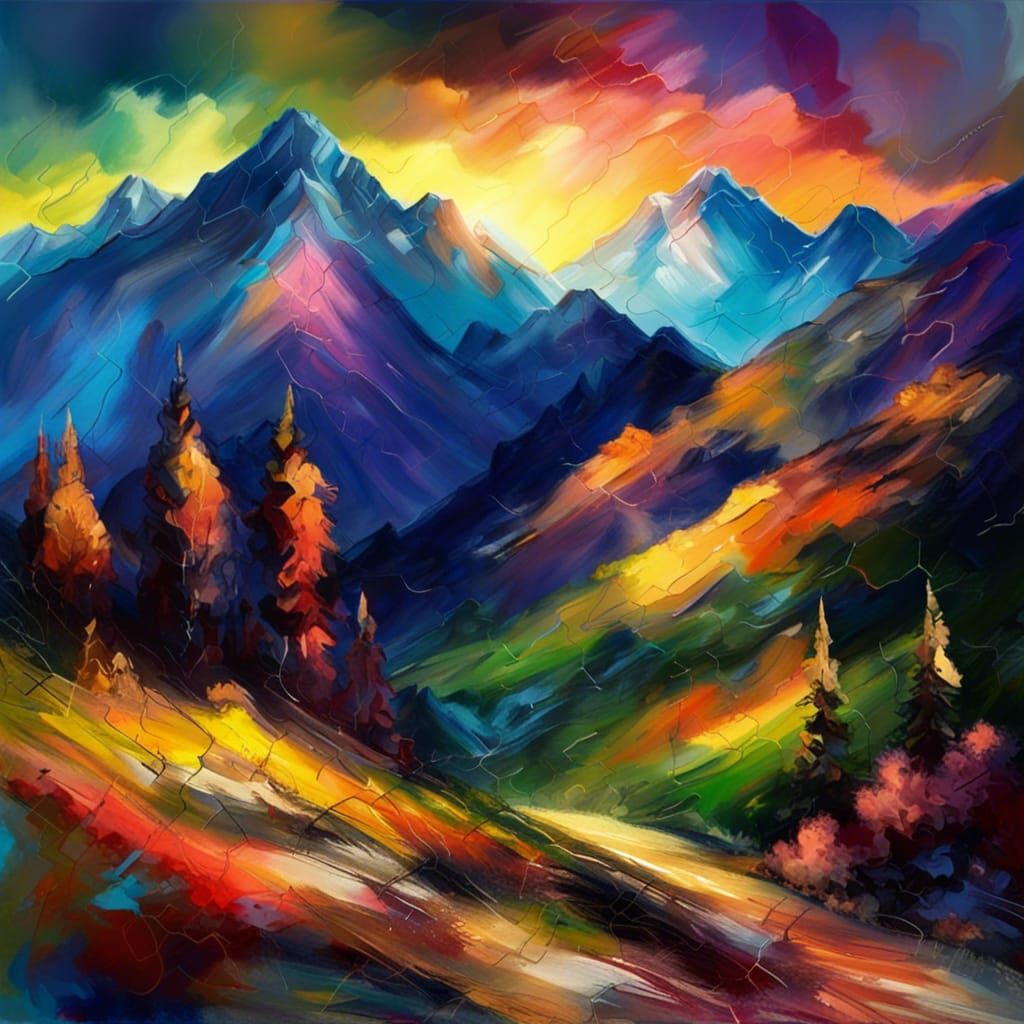 Impressionistic Mountain Landscape in Enamel Colors