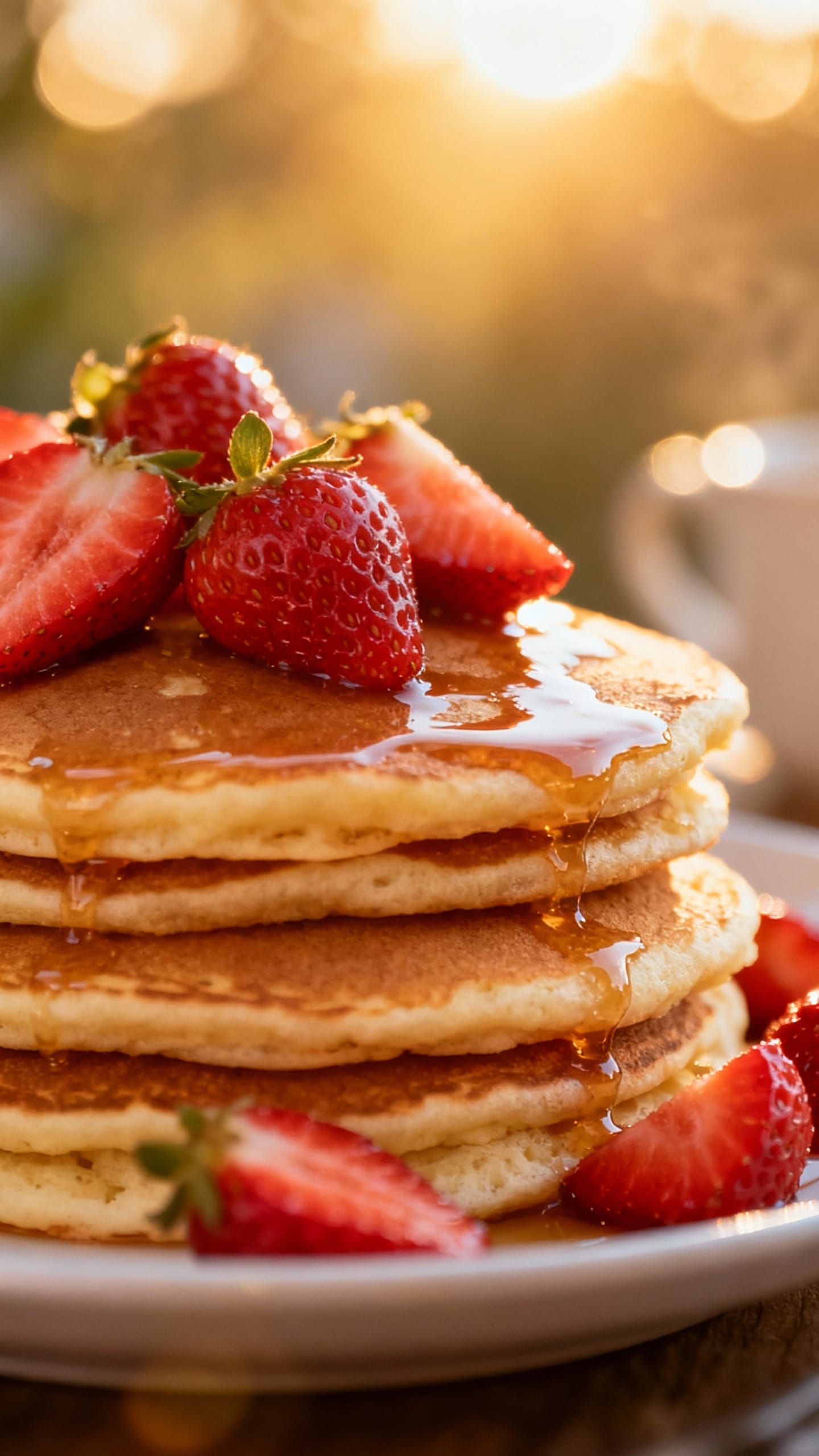 Fluffy Pancakes with Strawberries in Morning Light