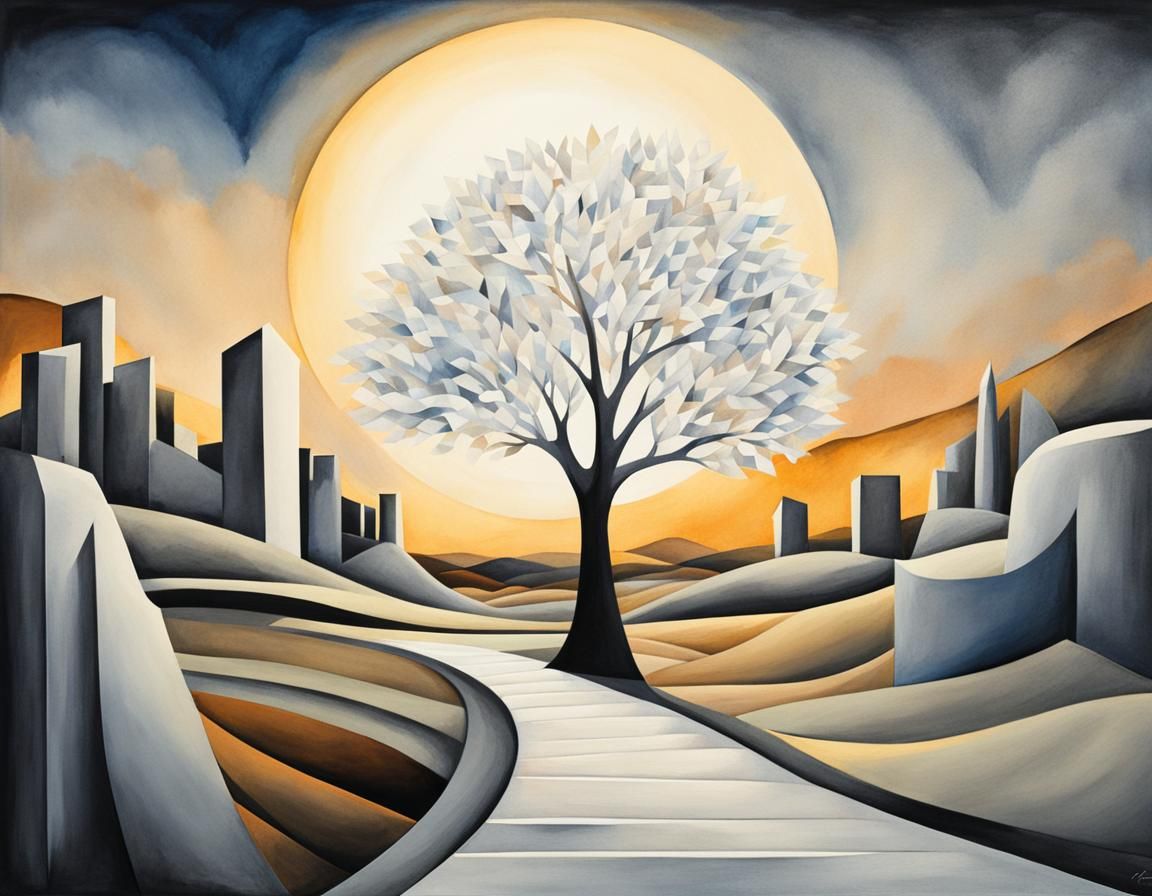 Neo-Cubist Silver Tree in Abstract Wasteland