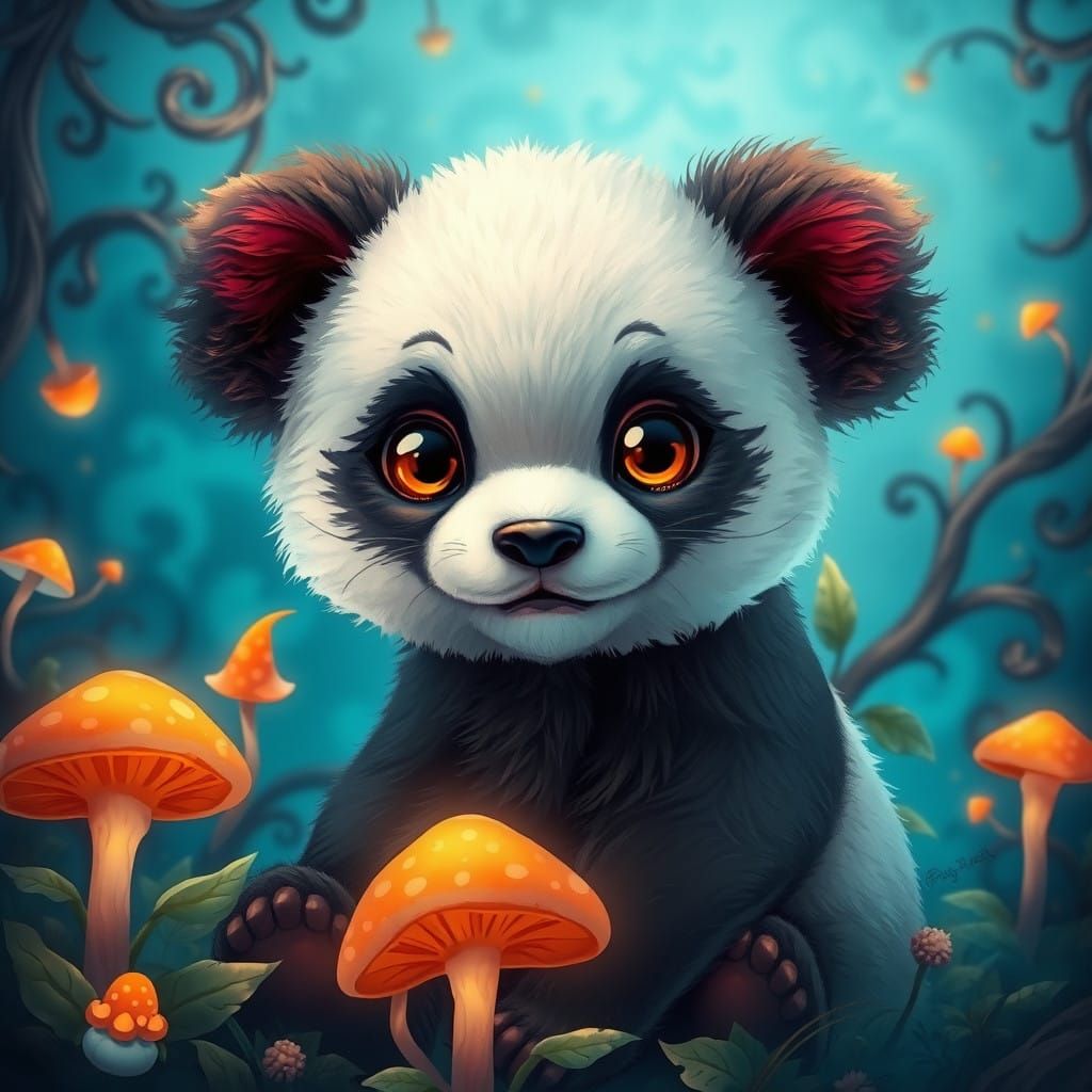 Surreal Panda Puppy in Vibrant, Dreamlike Landscape