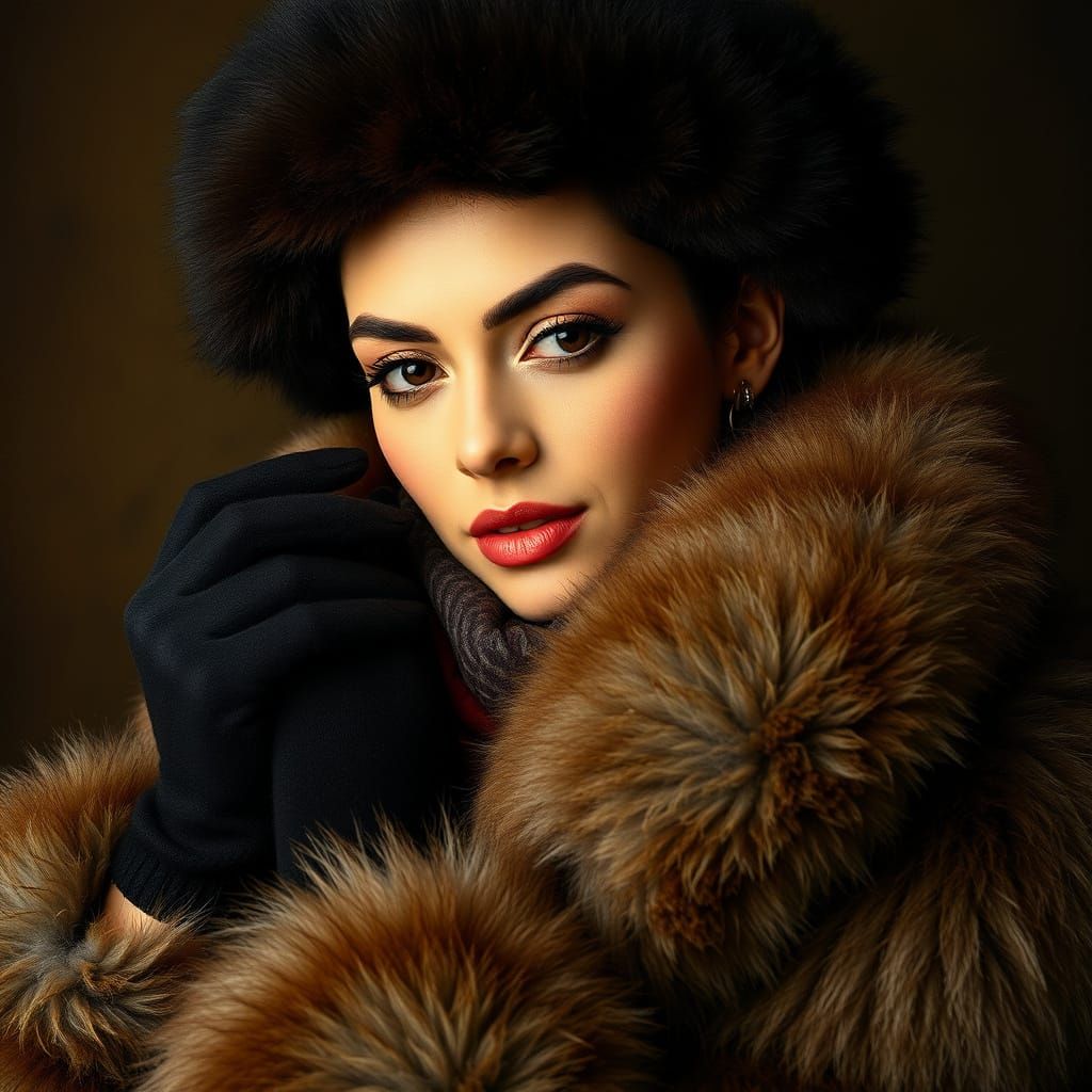 Woman in Luxurious Fur Coat with Plush Scarves and Intricate...