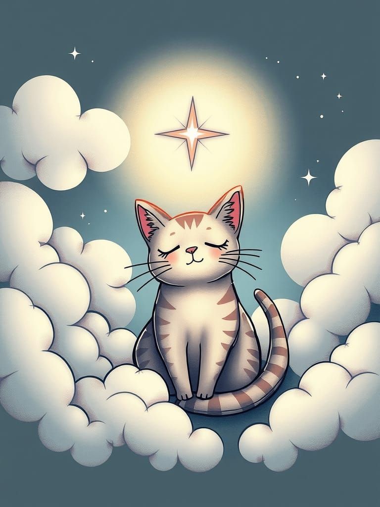 Romantic Whimsical Cat Amidst Clouds and Star
