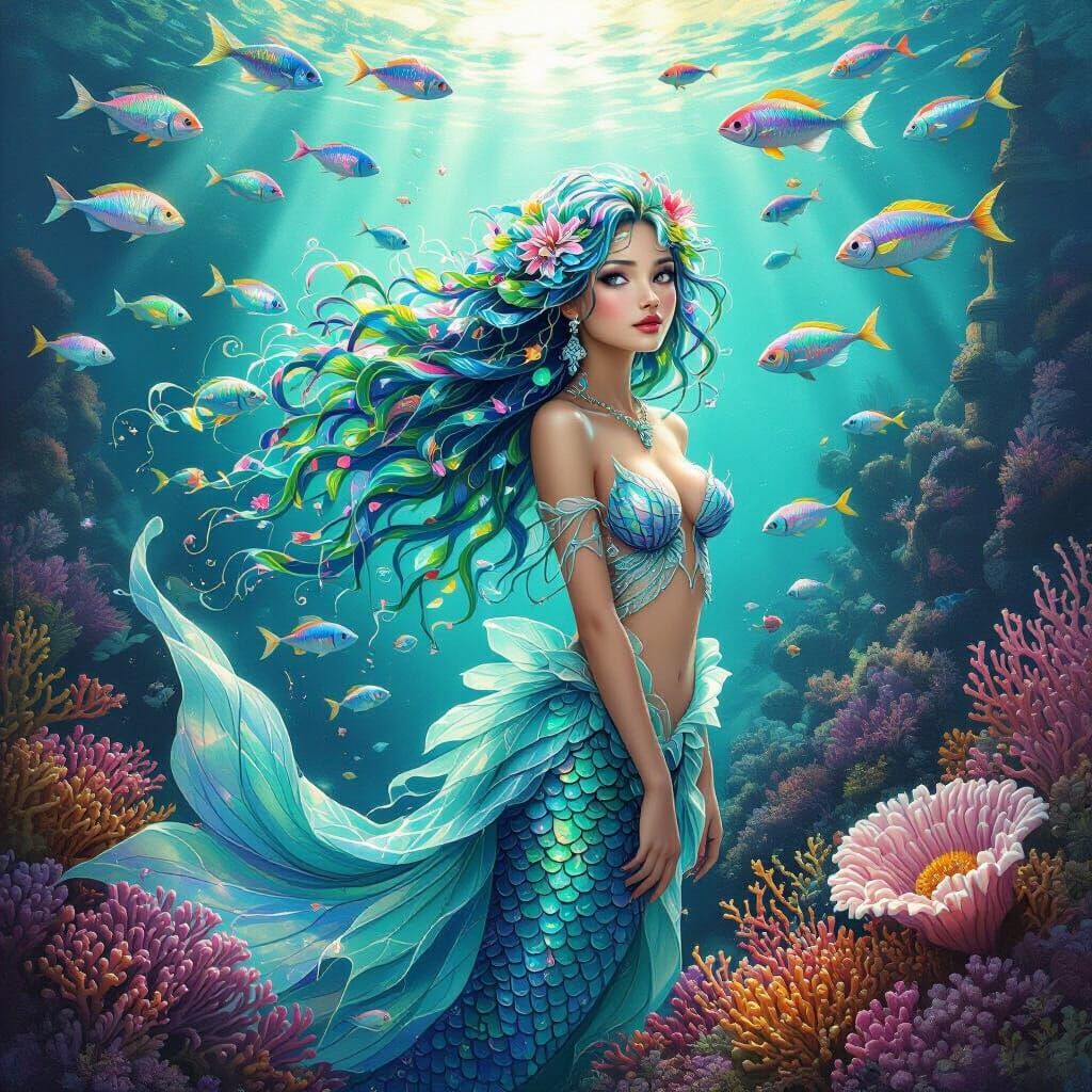 Mystic Mermaid in Underwater Kingdom, Ethereal Art