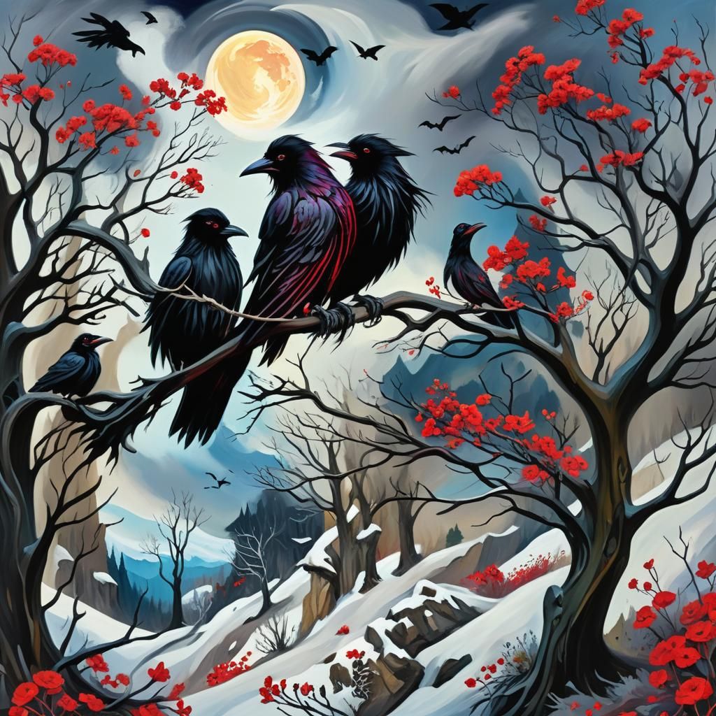 Witches' Flight: A Witchcore Winter Oil Painting