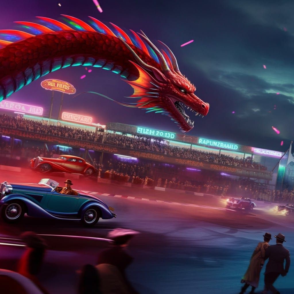 Hybrid Dragon Soaring Above a Vintage Race Track