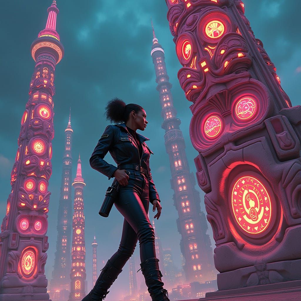 Confident Politician Surrounded by Futuristic Totem Cityscap...