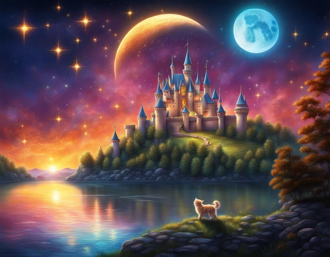 Fantasy Castle Under Jeweled Stars, Color Illustration