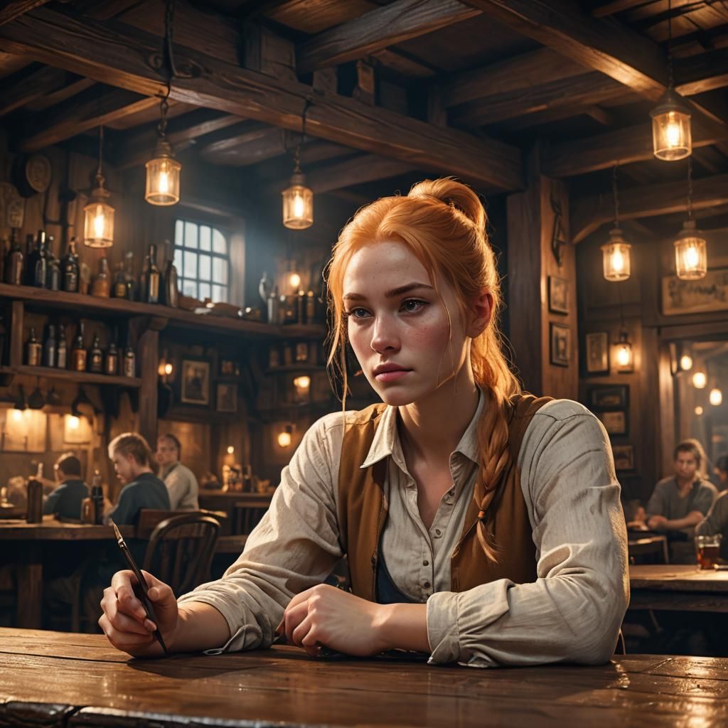 Magical Woman in Tavern: Cinematic Digital Art