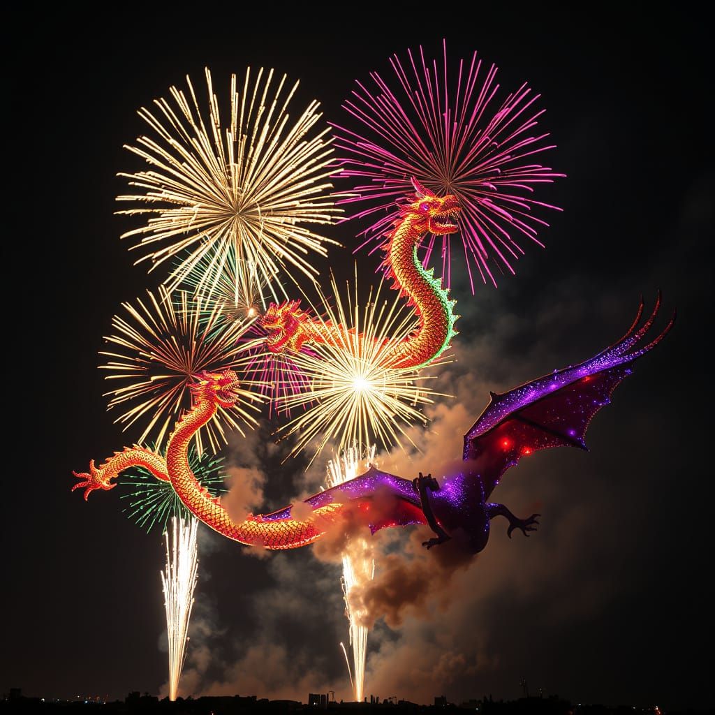 Spectacular Dragon Fireworks Display in the Night Sky