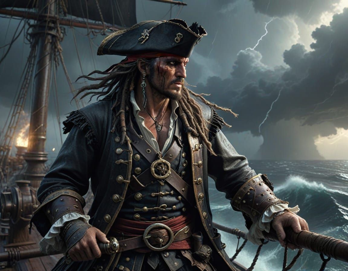 Pirate Lights Cannon on Stormy Sea, Fantasy Art