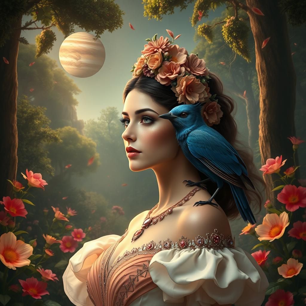 Lady with Stellar's Jay in Rococo Fantasy Style