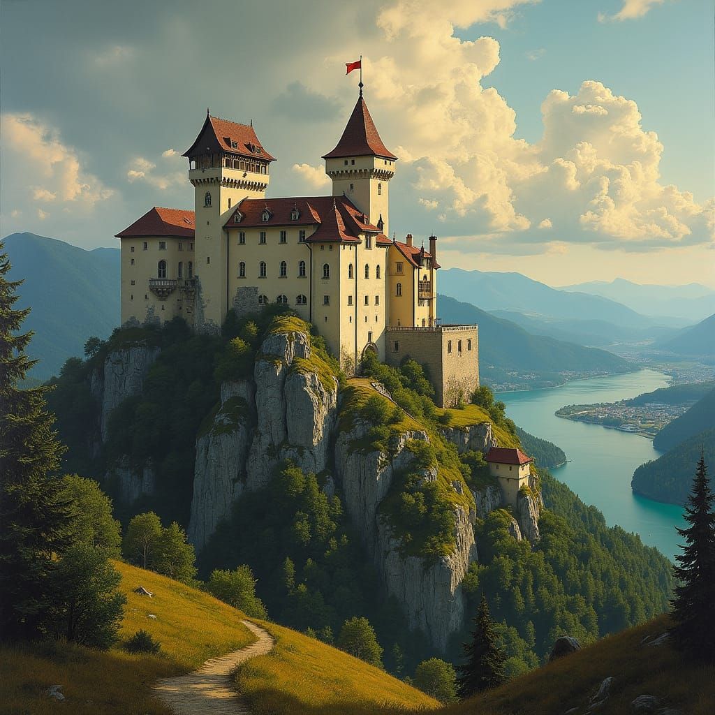 Austrian Castle on Hilltop in Art Nouveau Style