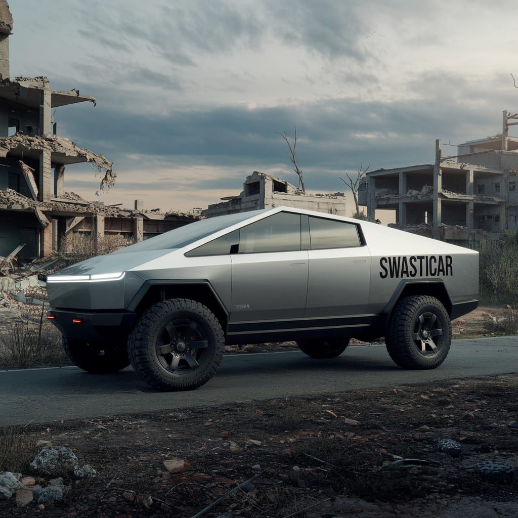 Cyberpunk Apocalypse: A Destroyed Road with a Tesla Cybertru...