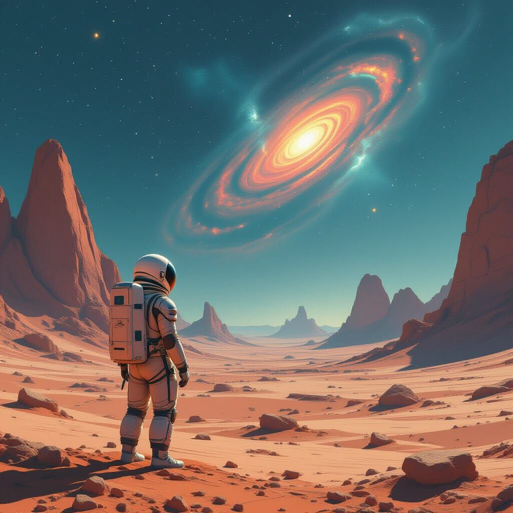 Astronaut Gazes at Nebula on Alien Planet