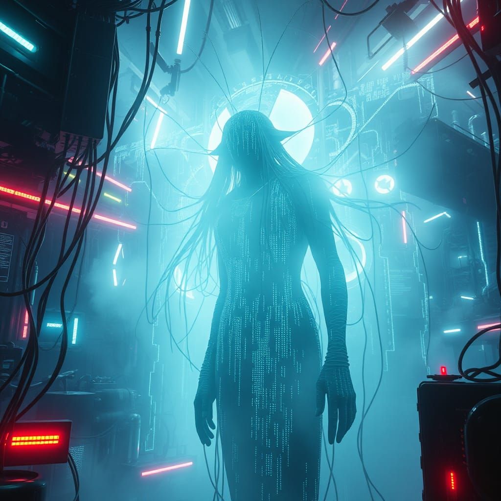 Mystical Being in Cyberspace, in Industrial Futurism Style