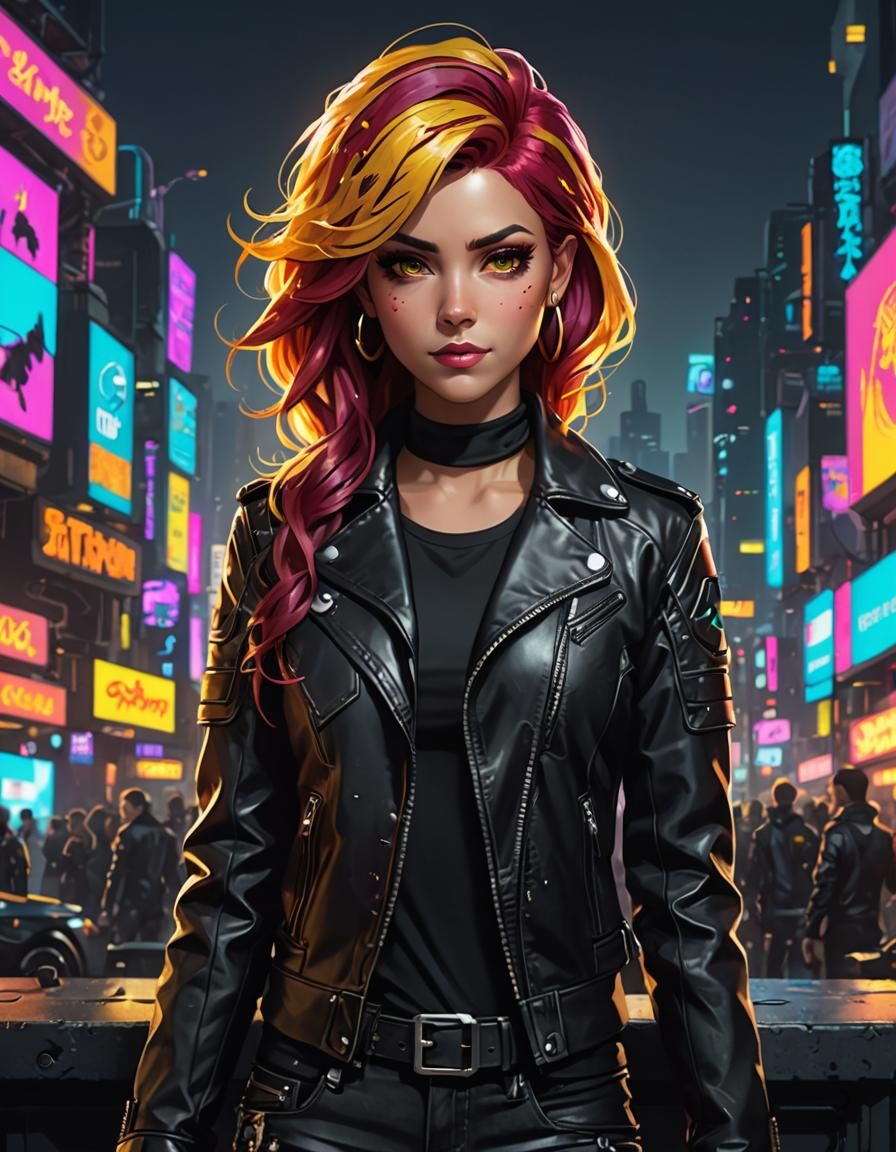 Cyberpunk Sunset Shimmer in Leather Jacket