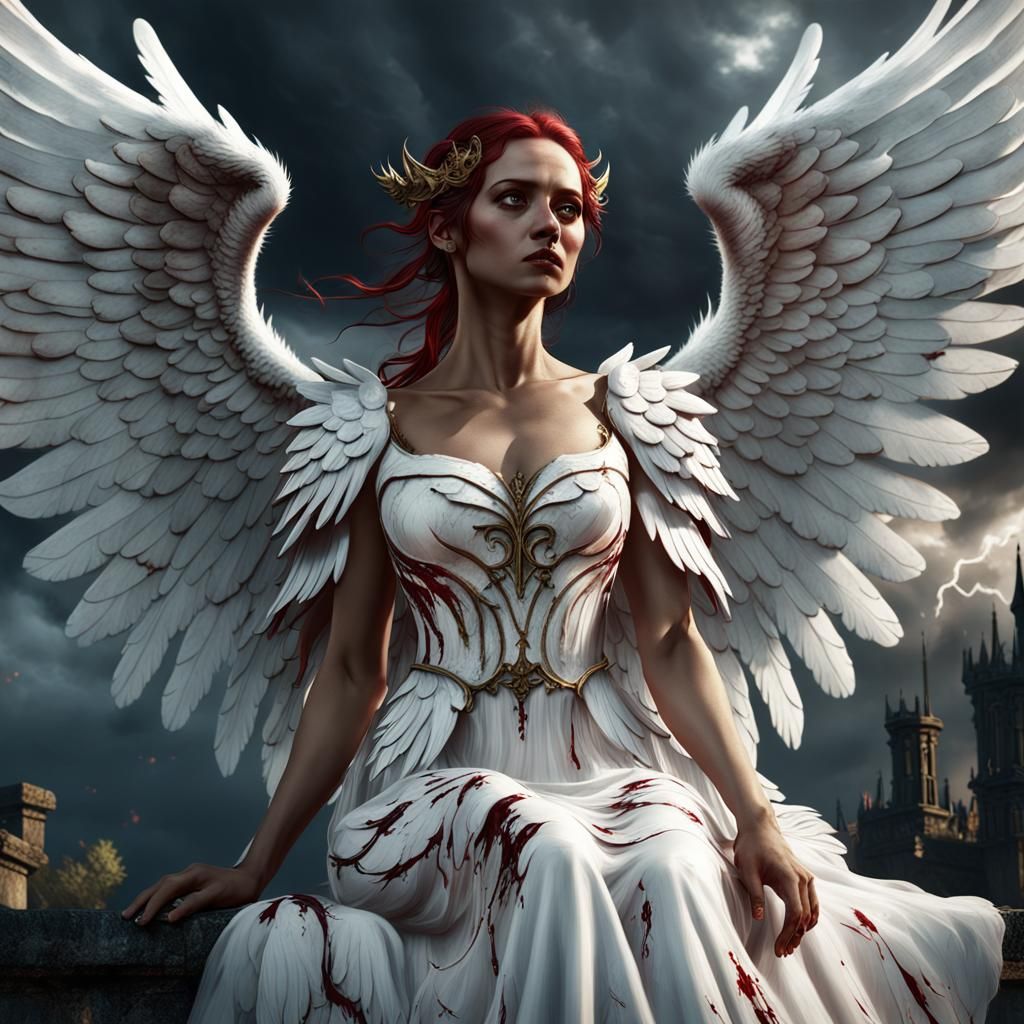 Bleeding Angel in White Dress: Fantasy Concept Art