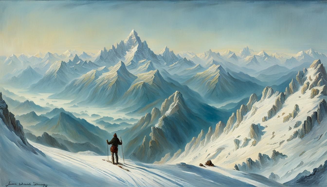 Skier on Watzmann Mountain: Romantic Alpine Painting