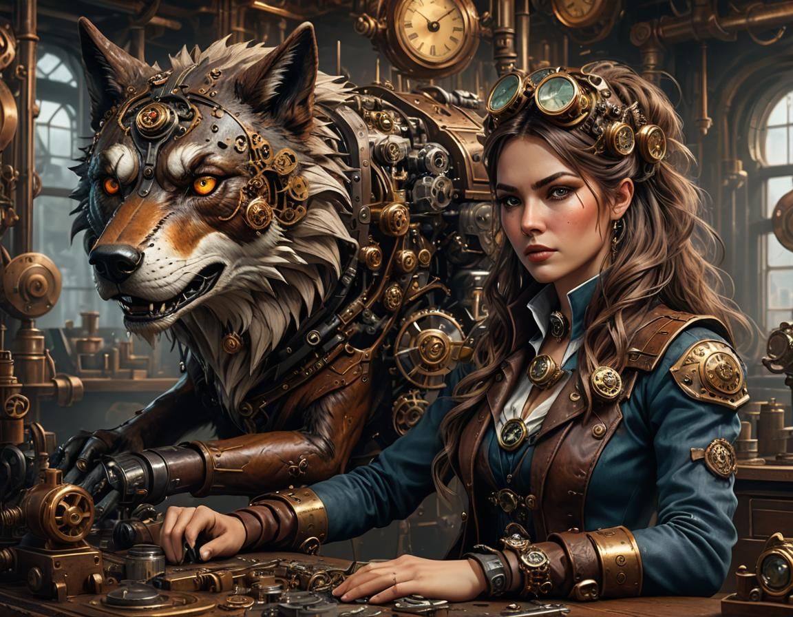 Steampunk Woman and Mechanical Wolf in Workshop