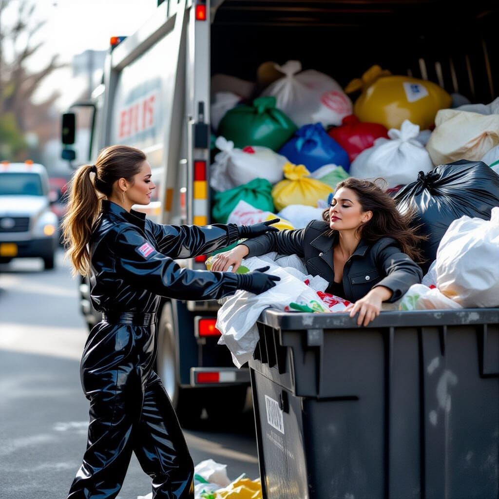 Latex Figure Tossing Woman into Dumpster, Professional Photo...