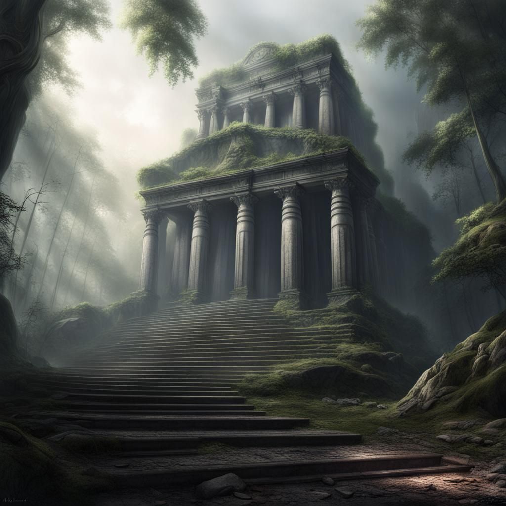 Atmospheric Ruined Temple in Forest Concept Art