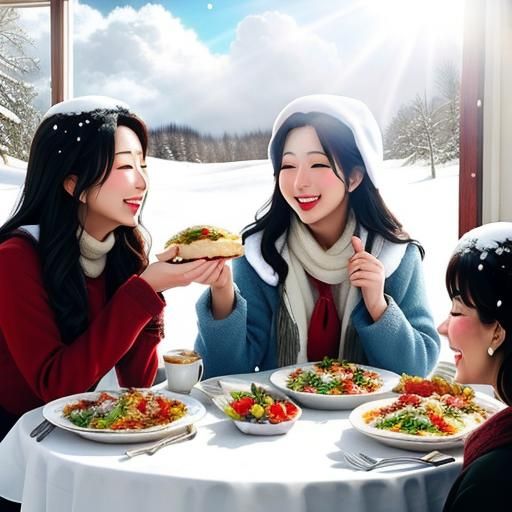 Friends Sharing Meal Under Heavenly Sunshine