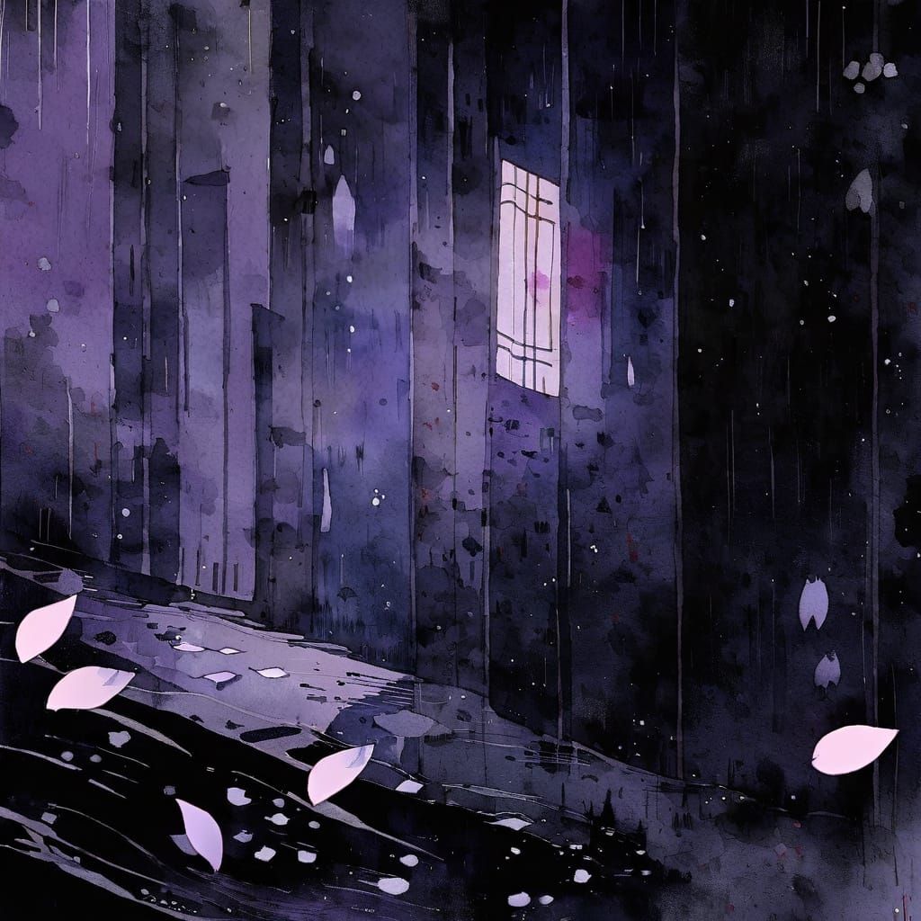 A Lonely Girl Amidst Falling Cherry Blossoms in a Moody Wate...