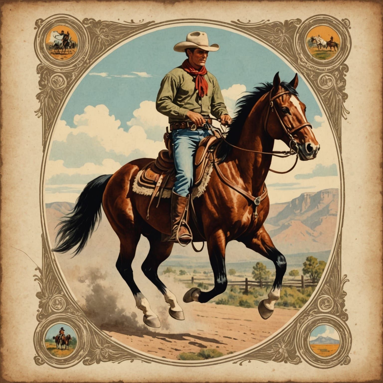 Cowboy Riding Horse in Vintage Postcard Style