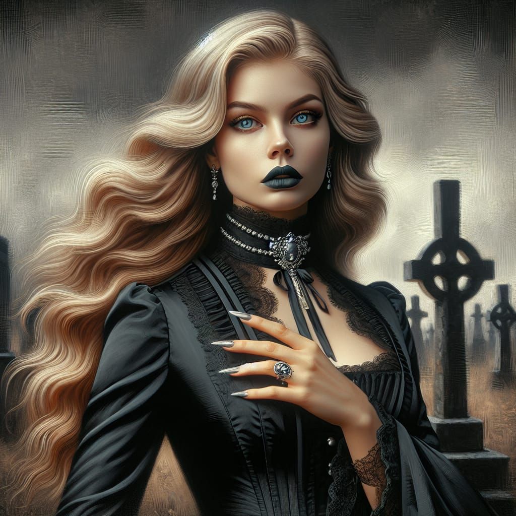 Victorian Woman in Cemetery as Oil Painting