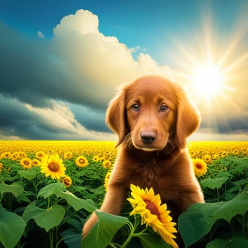 Puppy in Sunflower Field with Divine Light