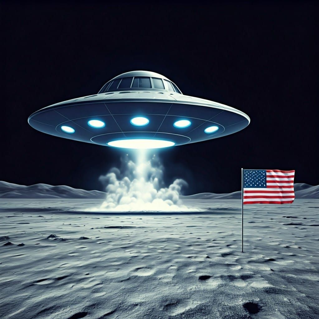 Retro-Futuristic Flying Saucer Lands on Moon Next to America...